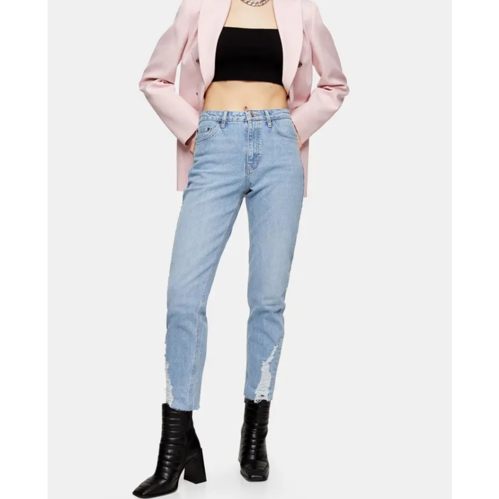 TOP SHOP DUNDEE RIPPED CUFF STRAIGHT LEG JEANS IN BLEACH SZ:W28 L30 Retail $80